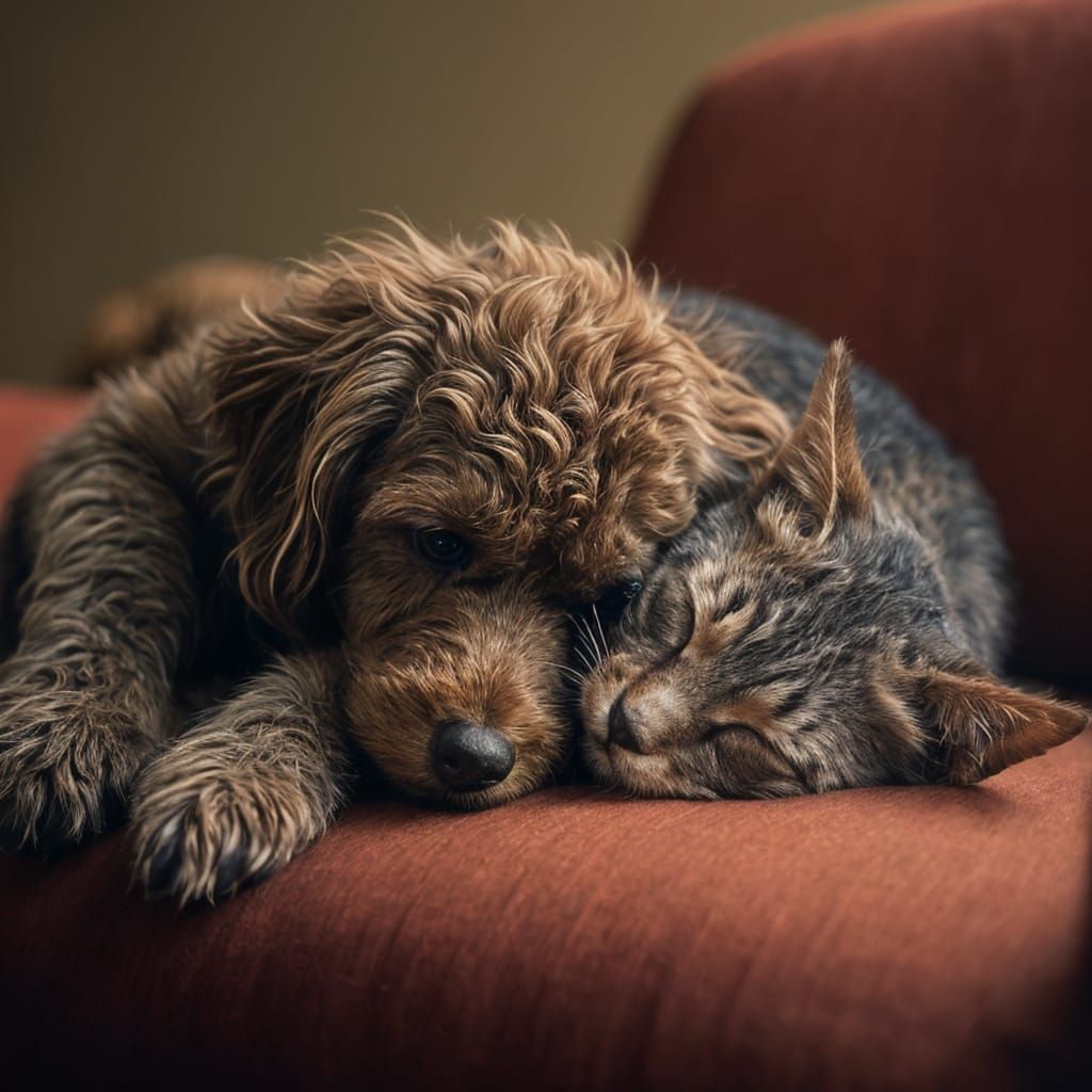 Poodle and Cat Snuggle Together Asleep