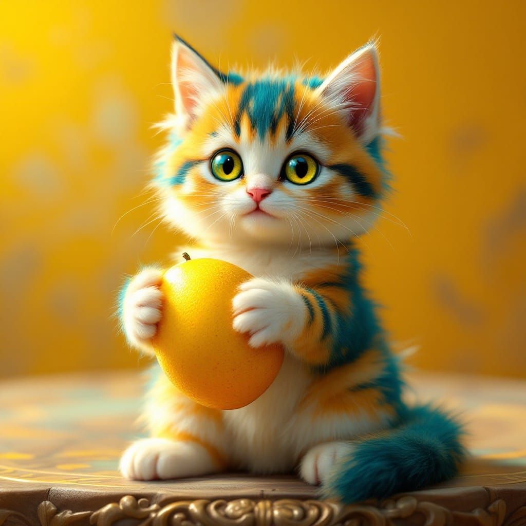 Vibrant Fantasy Cat Holding a Ripe Mango in a Sunny Yellow S...