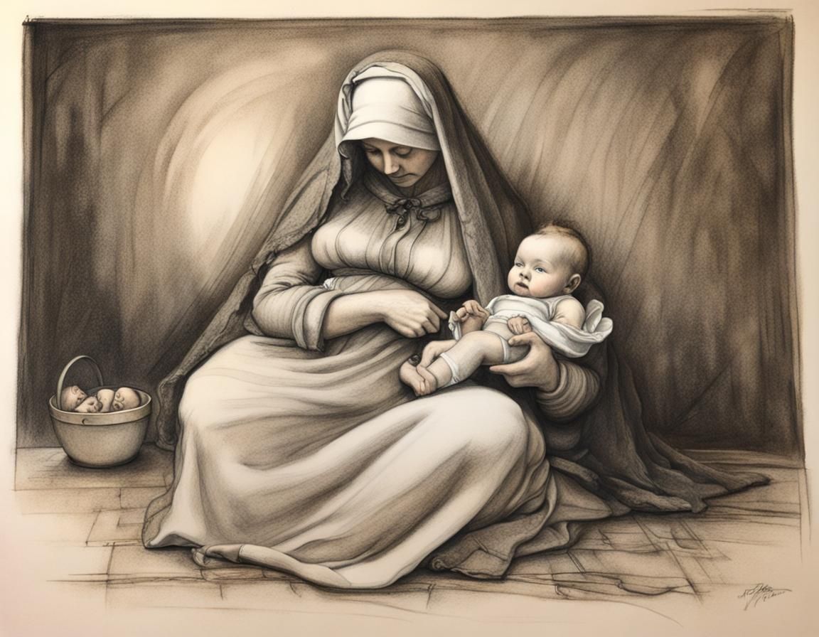 mother and baby,charcoal drawing