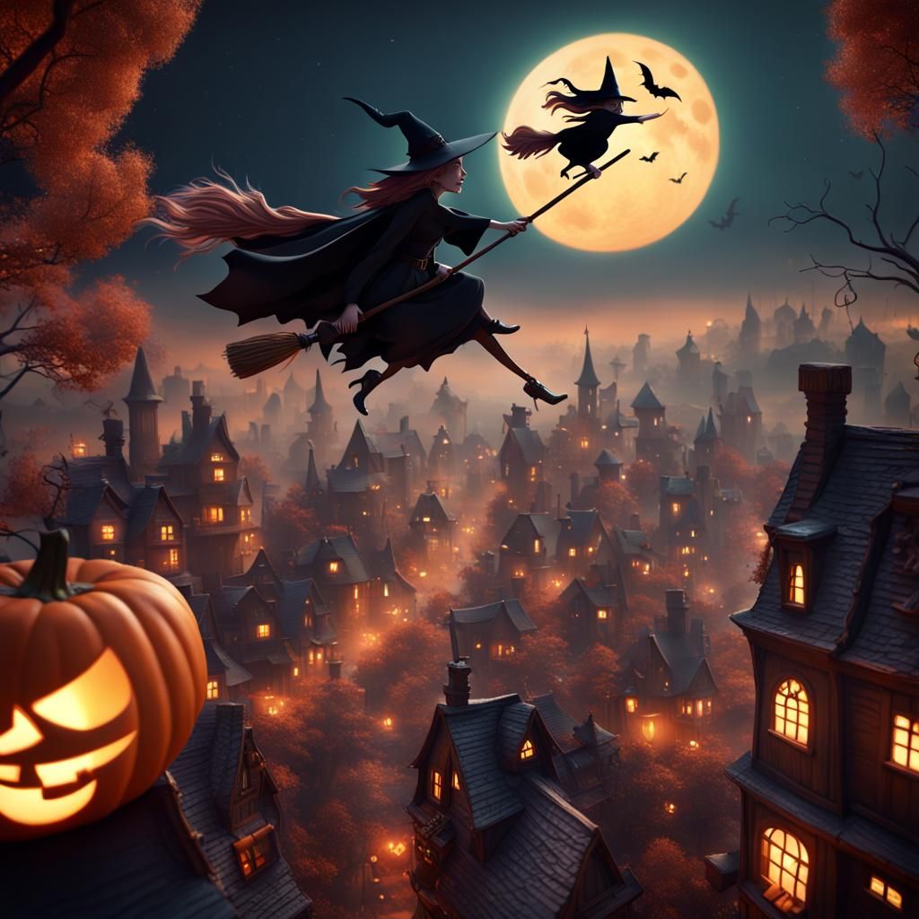 Witch Flying Over Halloween Town: Fantasy Art