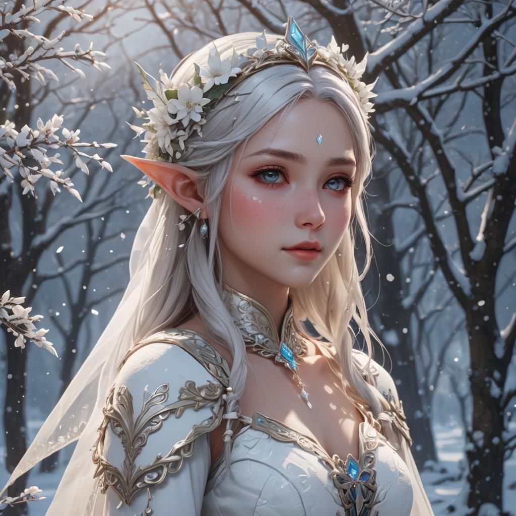 Snow Elf Bride in Detailed 3D Anime Art