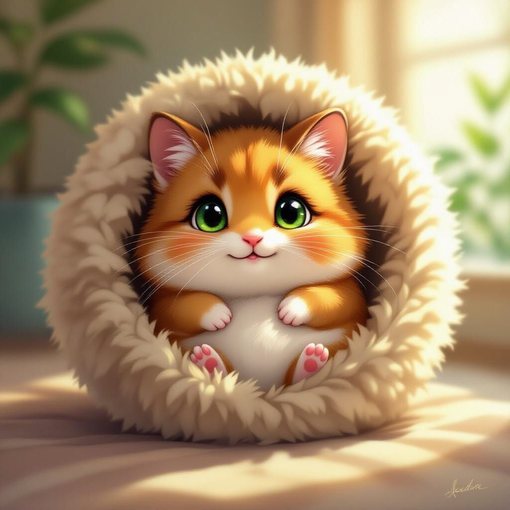 Fluffy Hamster-Cat Hybrid with Ginger Fur and Green Eyes