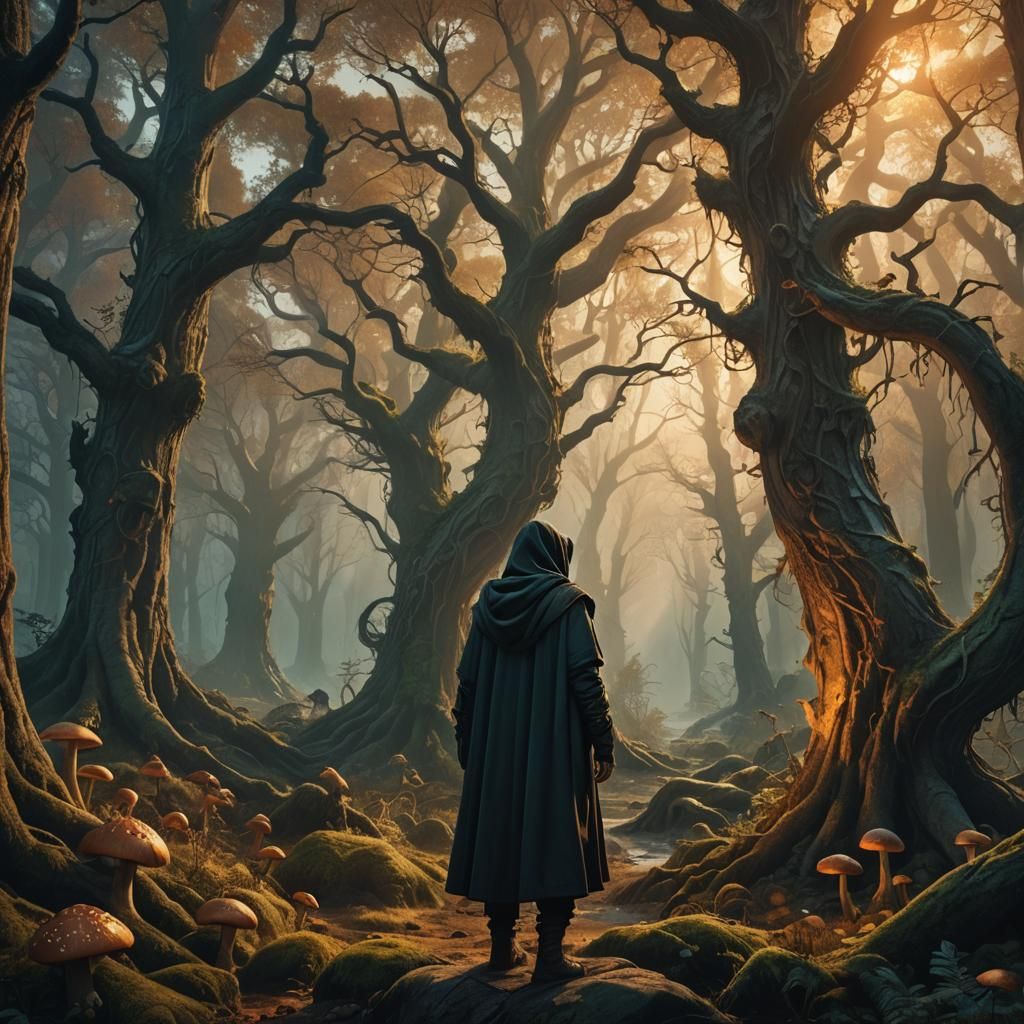 Mystical Forest: Hooded Figure in Fantasy Concept Art