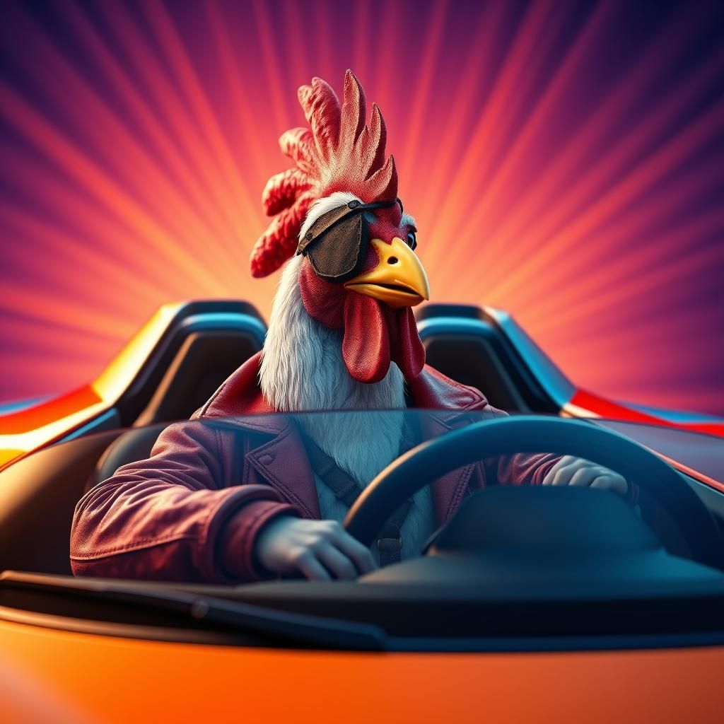 Chicken Pirate Drives a Futuristic Car