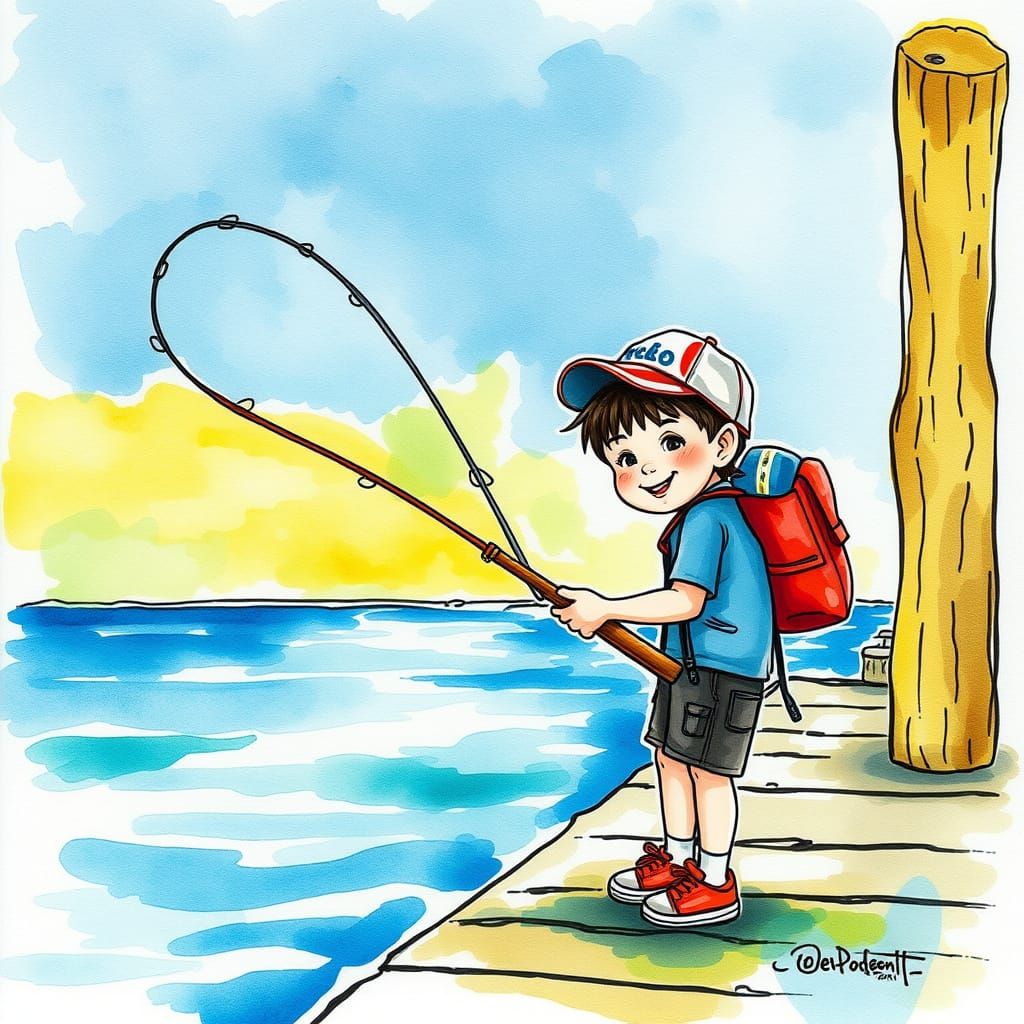 Joyful Kid Fishing: Watercolor Alcohol Ink Art