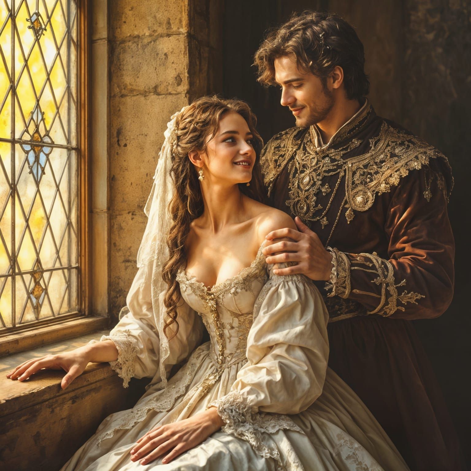 Medieval Lovers Embrace in Oil Paint Style