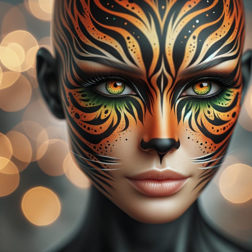 Tiger Lady in Vibrant Geometric Face Paint