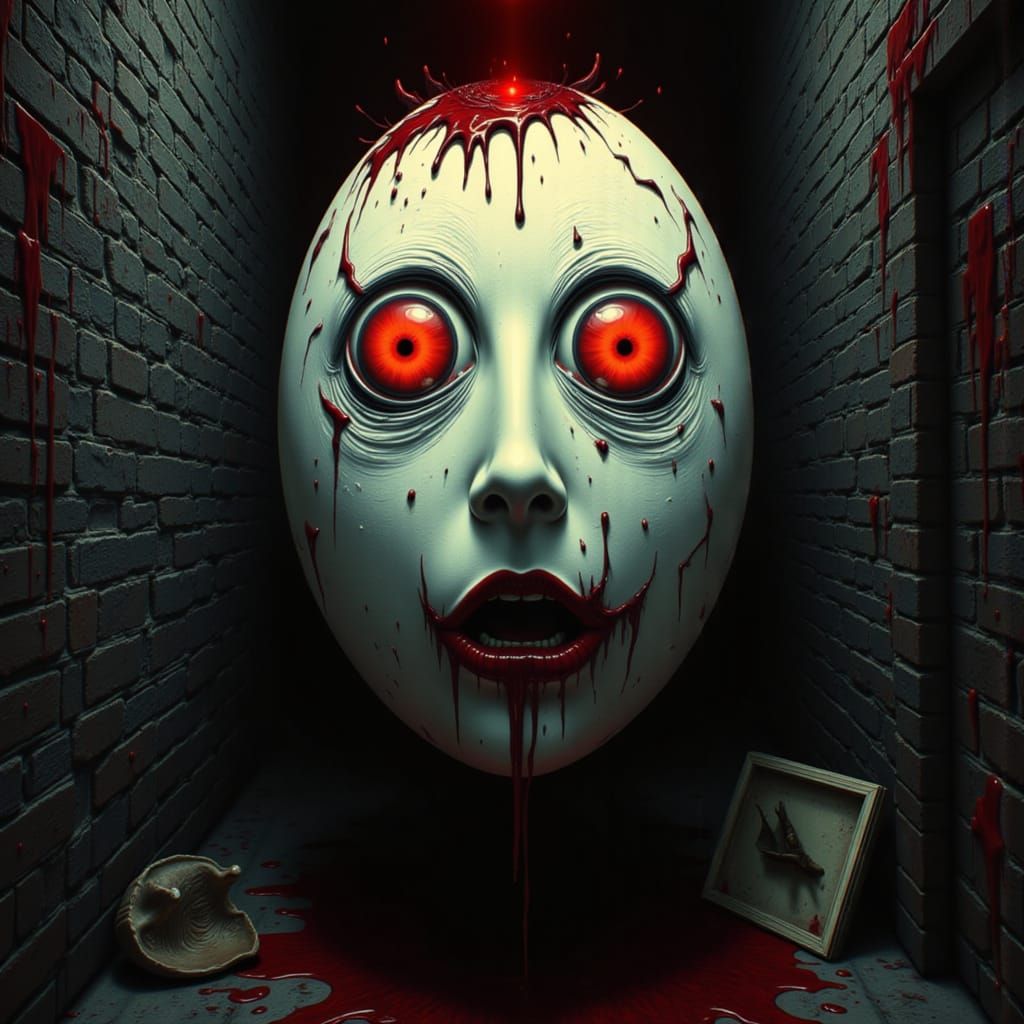 Horror Egg with Cracked Head Leaning on Brick Wall