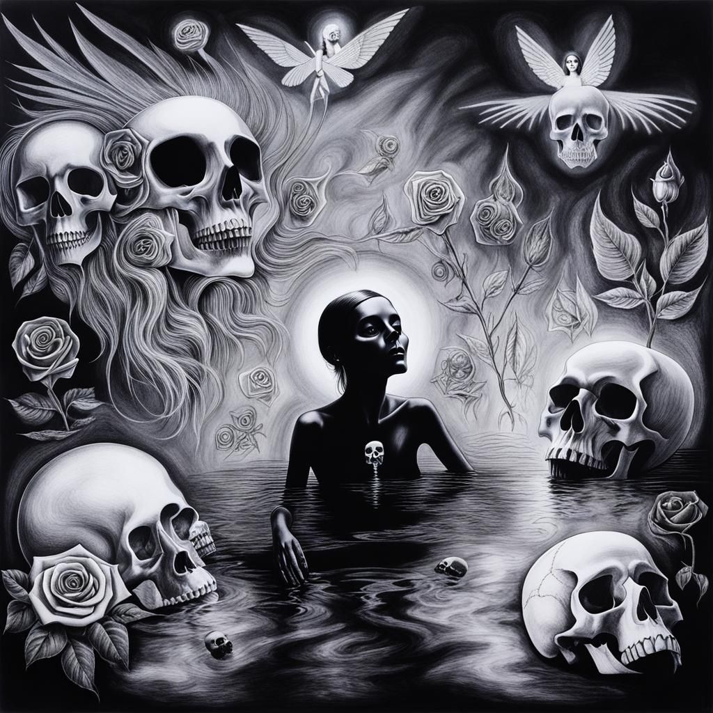 Surreal Crayon Drawing of Goth Woman with Rayograph Elements