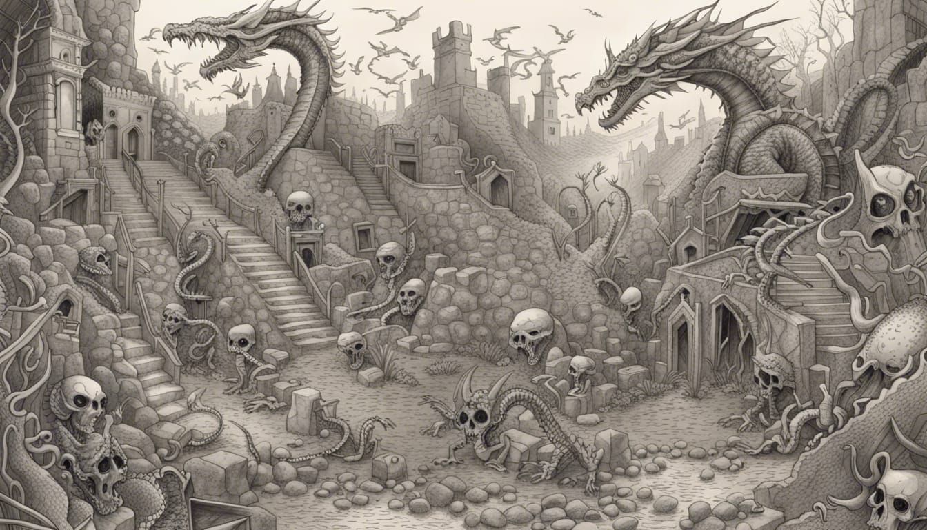 Dragon Graveyard: Pen and Ink Drawing