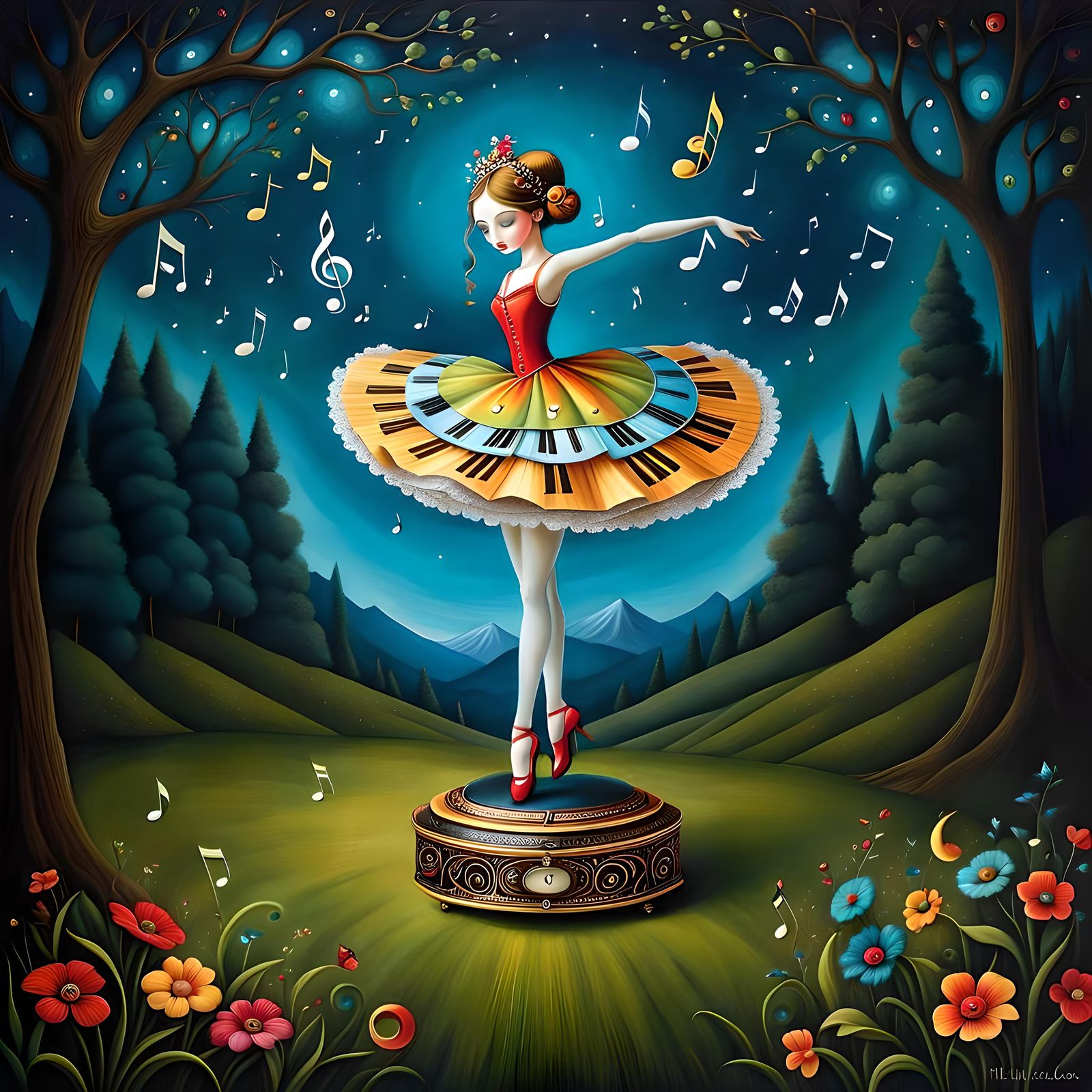 Ornate Music Box Ballerina in Surreal Style