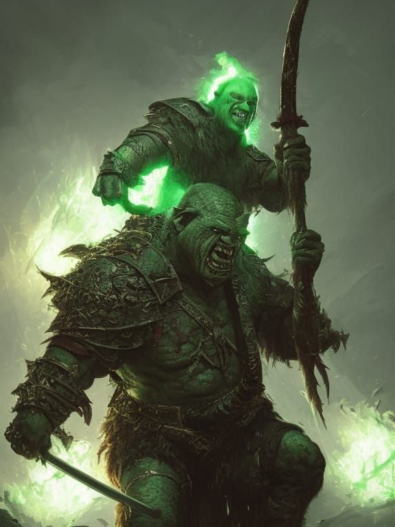 Evil Orc Warrior with Glowing Axe, Dark Fantasy Art