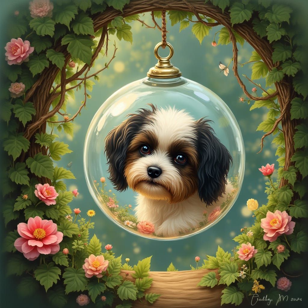 Havanese Dog in Glass Bubble, Art Nouveau Style
