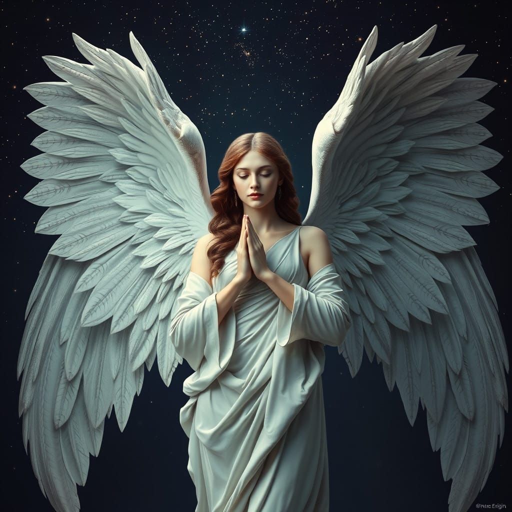Gothic Angel in Reverent Prayer Under Starry Night Sky
