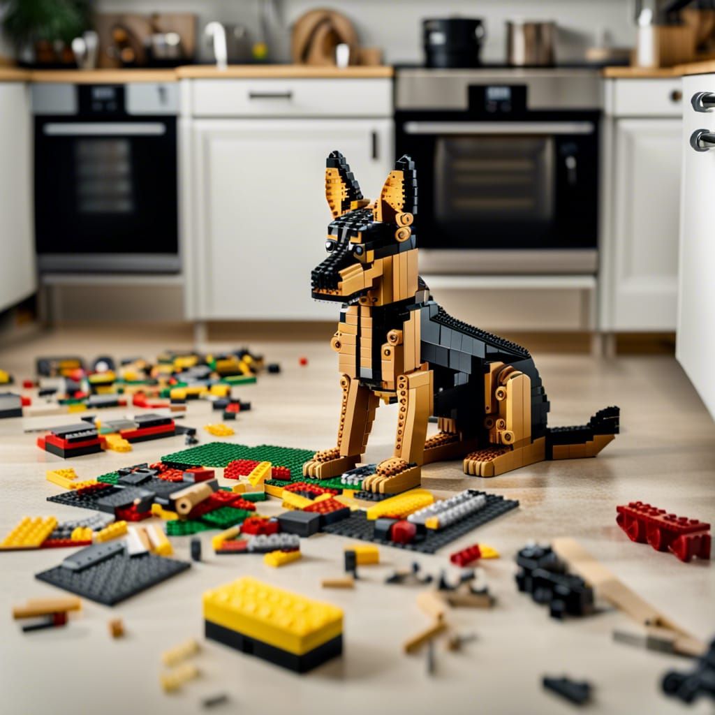 Lego German Shepherd Dog Assembly: Photorealistic 8K
