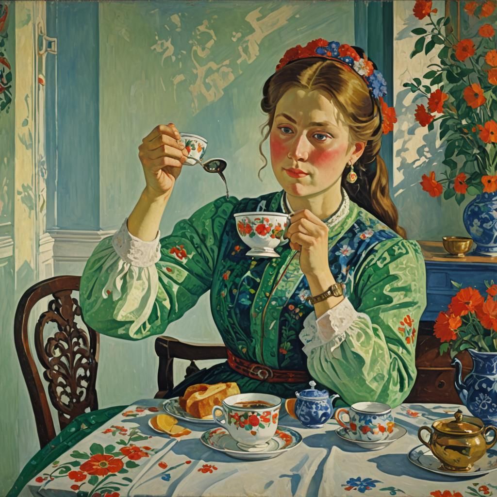 Merchant's Wife Drinking Tea, Inspired Painting