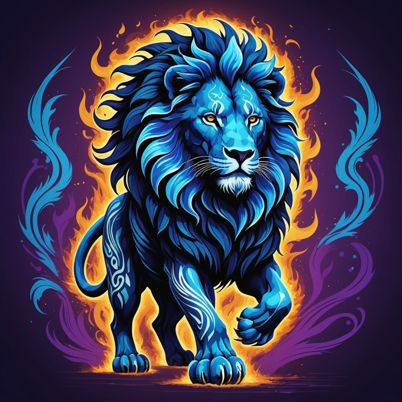 Majestic Lion with Blue Flame Mane, Dark Fantasy Art