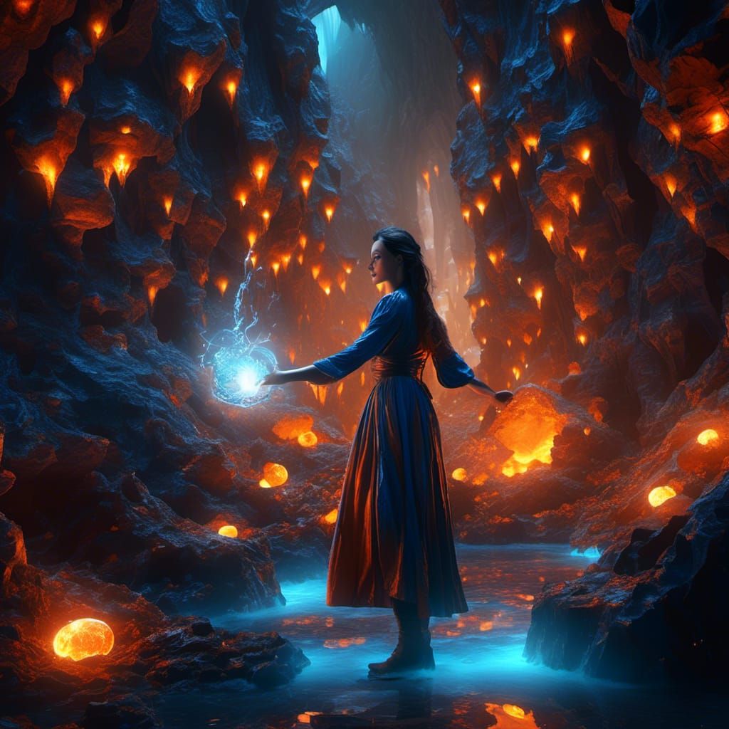 Brunette Sorceress Casts Electrical Energy in Cavern