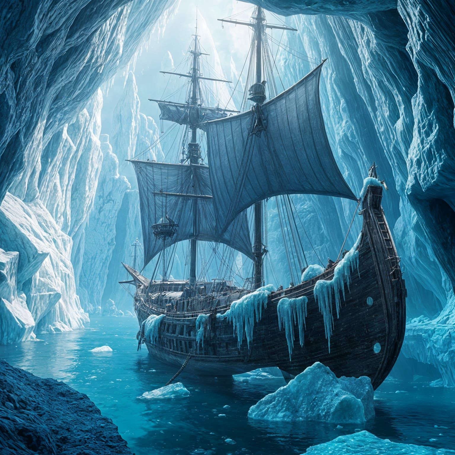 Frozen Shipwreck in Icy Abyss: 3D Anime Art
