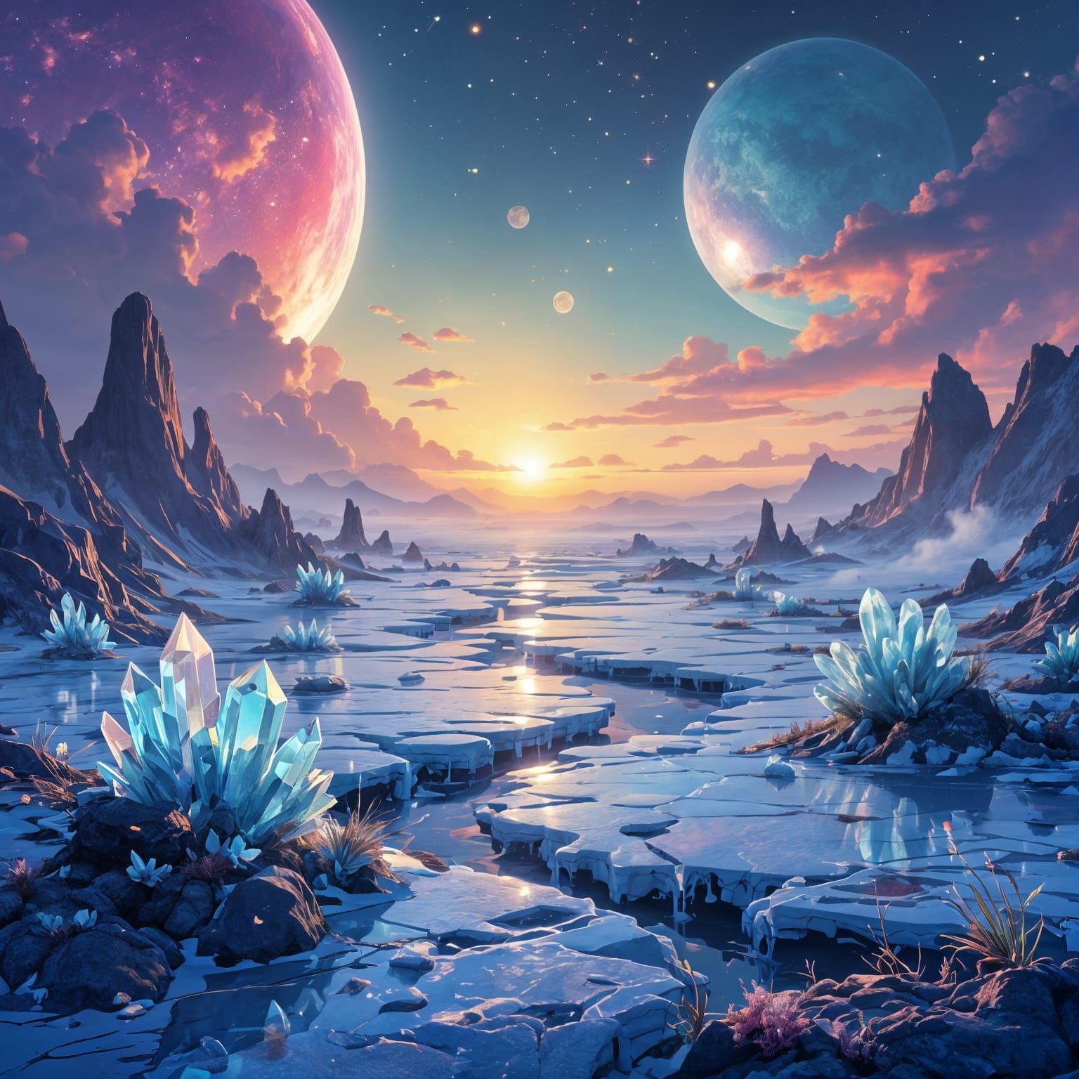 Surreal landscape. Low-angle shot. Crystal-formed vegetation...