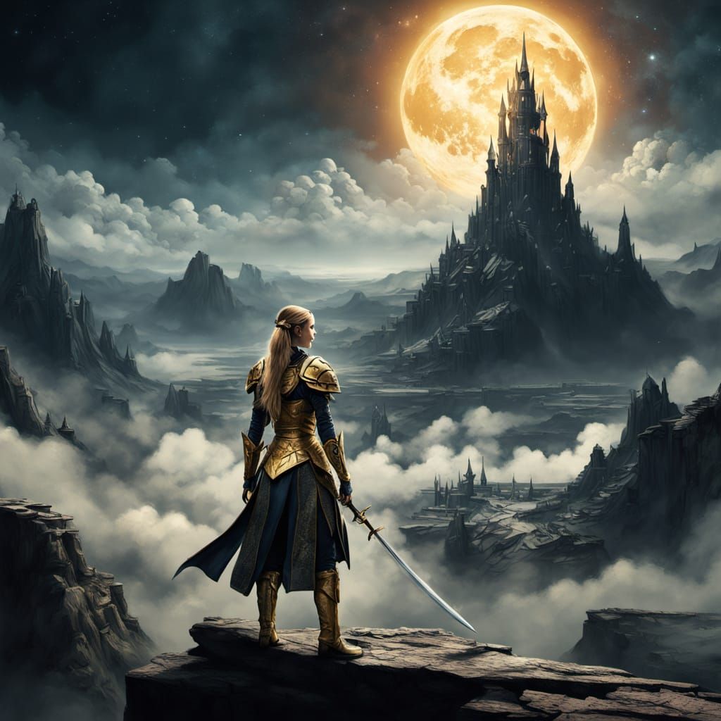 Elven Queen Overlooks Fallen City in Cosmic Fantasy Art