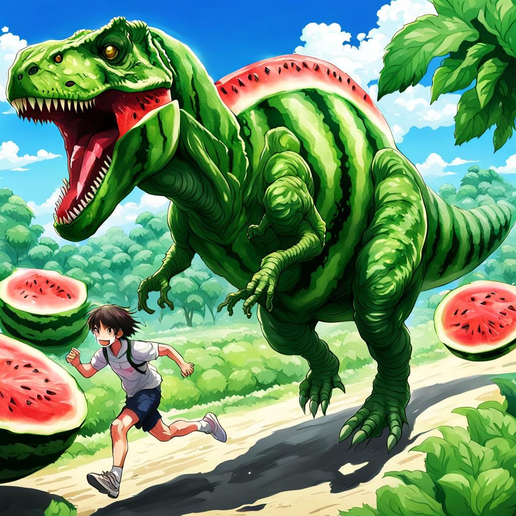 Watermelon Raptor Running from T-Rex in Anime Style