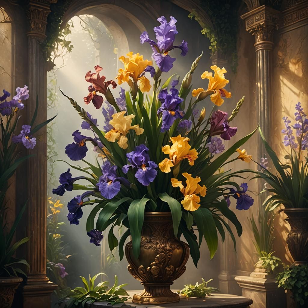 Floral Still Life with Ancient Pillar in Oil Painting Style
