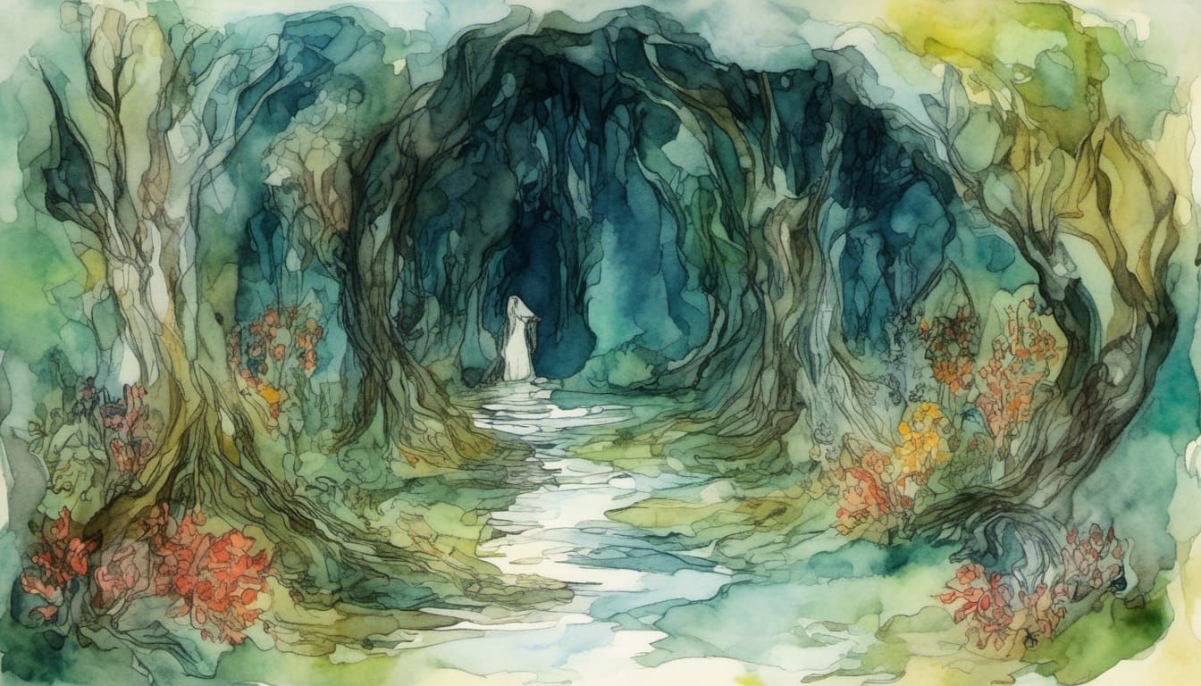 Magical Forest Path with Monastery in Art Nouveau Style