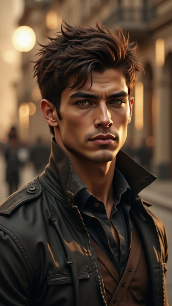 Tall Muscular Man with Amber Eyes, Hyperrealistic Portrait