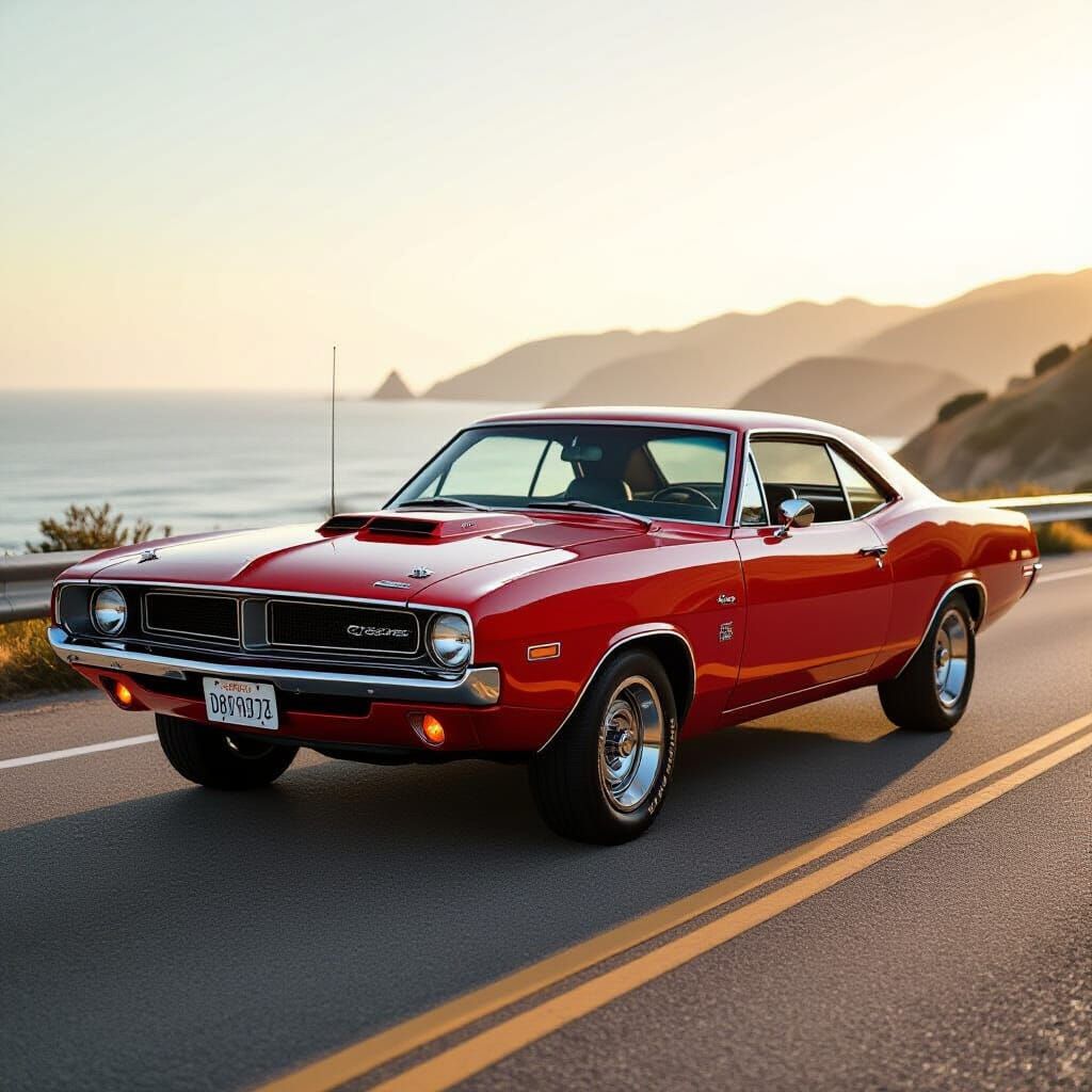 Classic Red Dodge Muscle Car on Coastal Highway