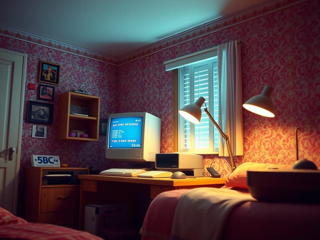 Nostalgic 90s Bedroom with Retro CRT Computer