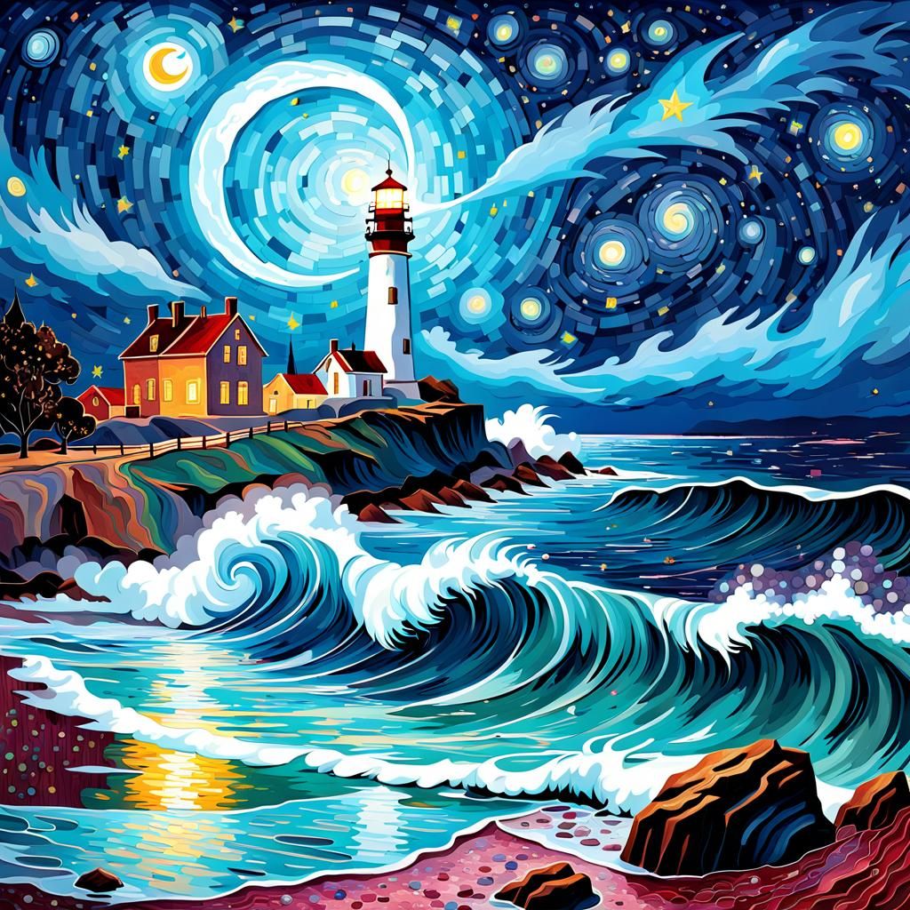 Bioluminescent Heatmap: Starry Night Sky with Lighthouse