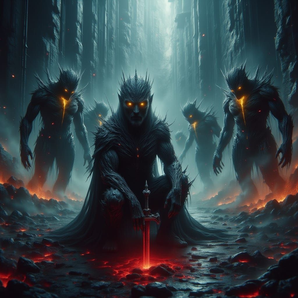 Warrior Kneels in Despair Amidst Apocalyptic Demons
