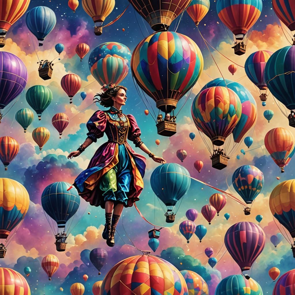 Tightrope Walker Between Hot Air Balloons: Cosmic Illustrati...