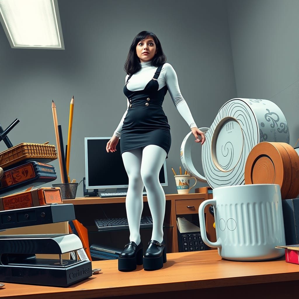 Curvy Woman Surrounded by Giant Office Supplies in Whimsical...