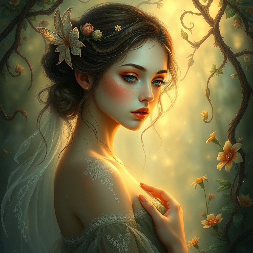 Ethereal Maiden in Enchanted Forest, Golden Light