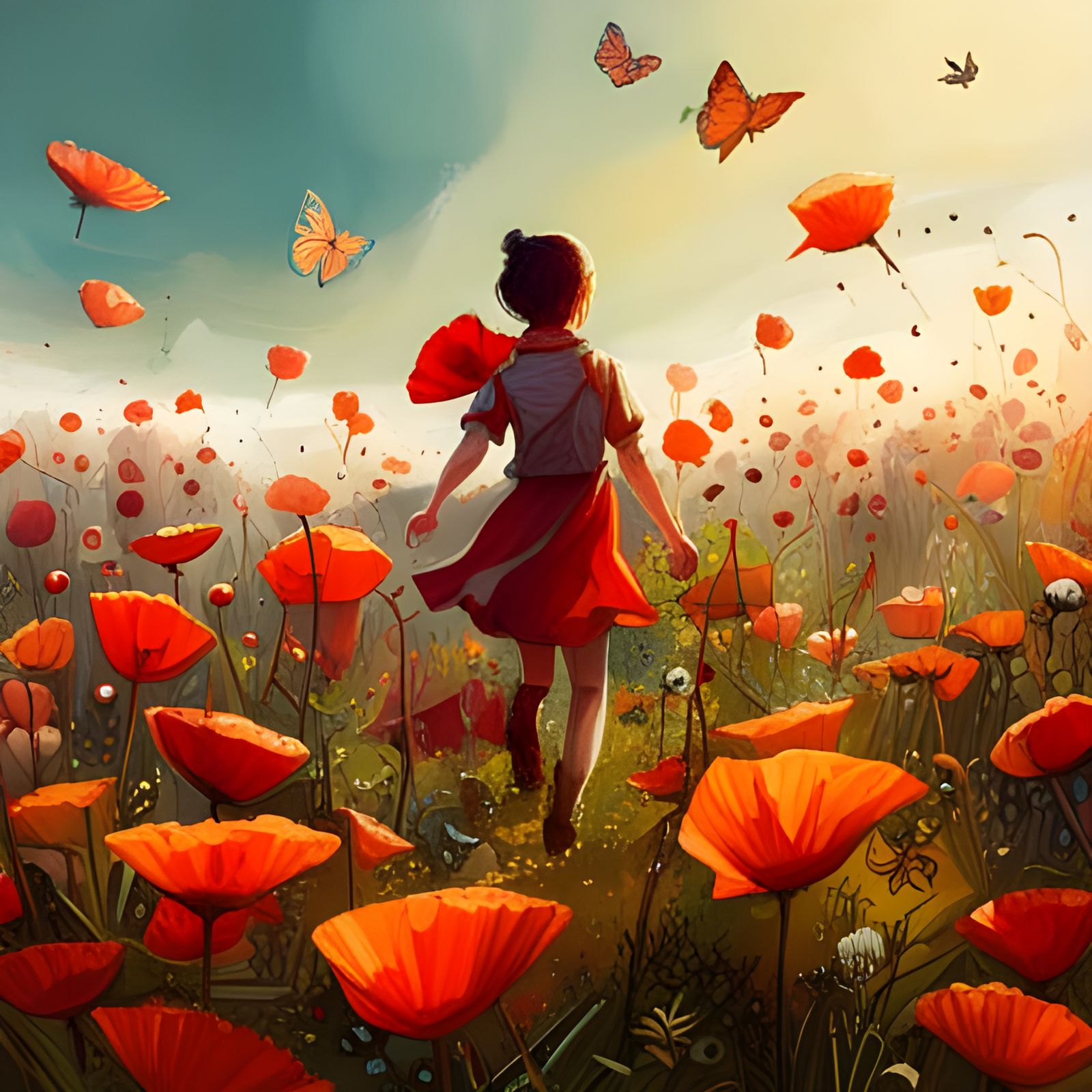 Poppy Field with Butterflies: Detailed Hyperrealistic Artwor...