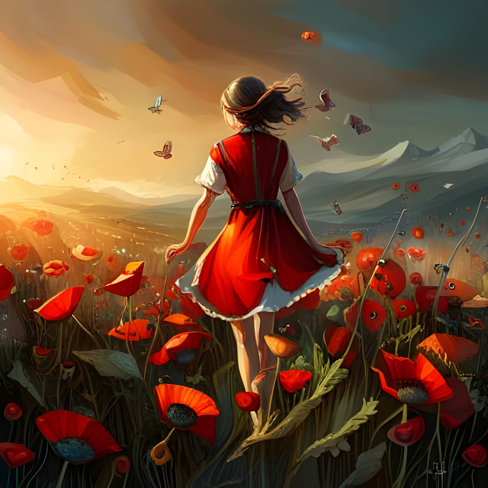 Poppy Field with Butterflies: Detailed Splash Art