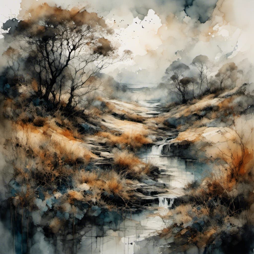 Intricate Watercolor Landscape with Golden Outlines