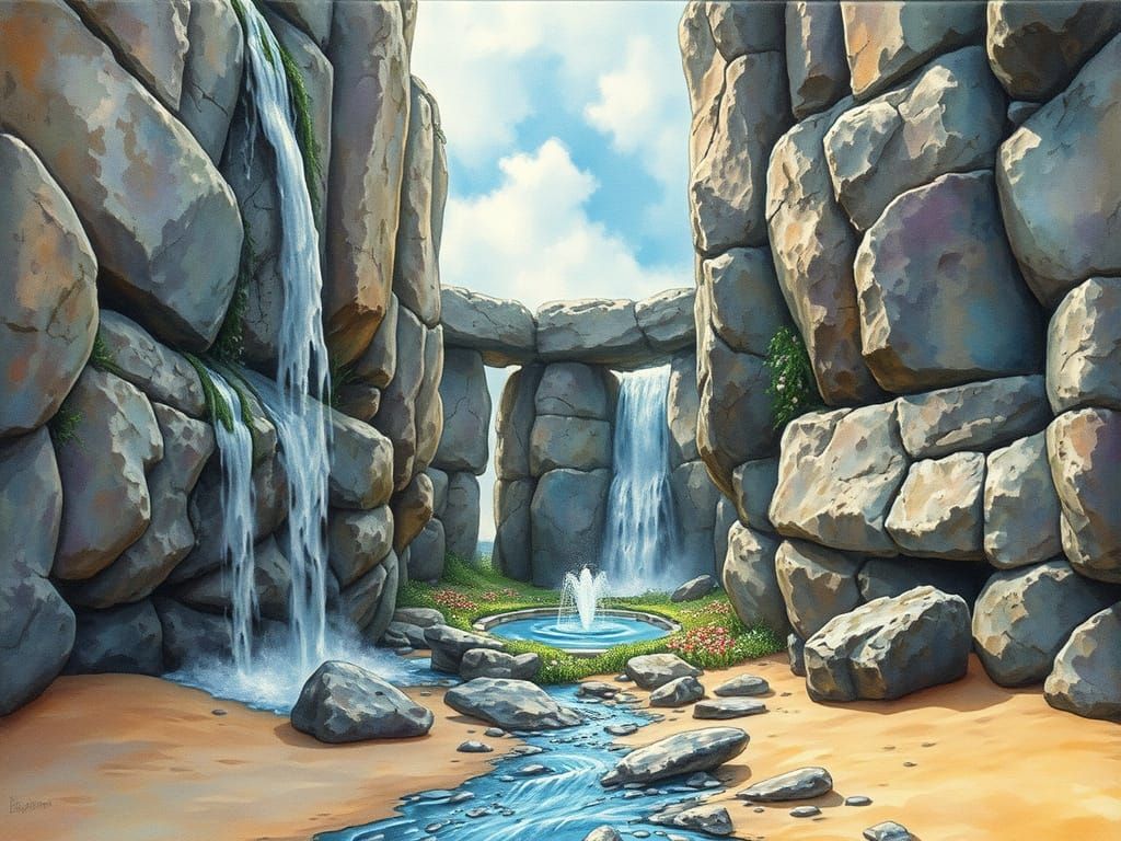 Stonehenge Waterfalls and Fairy Garden in Watercolor