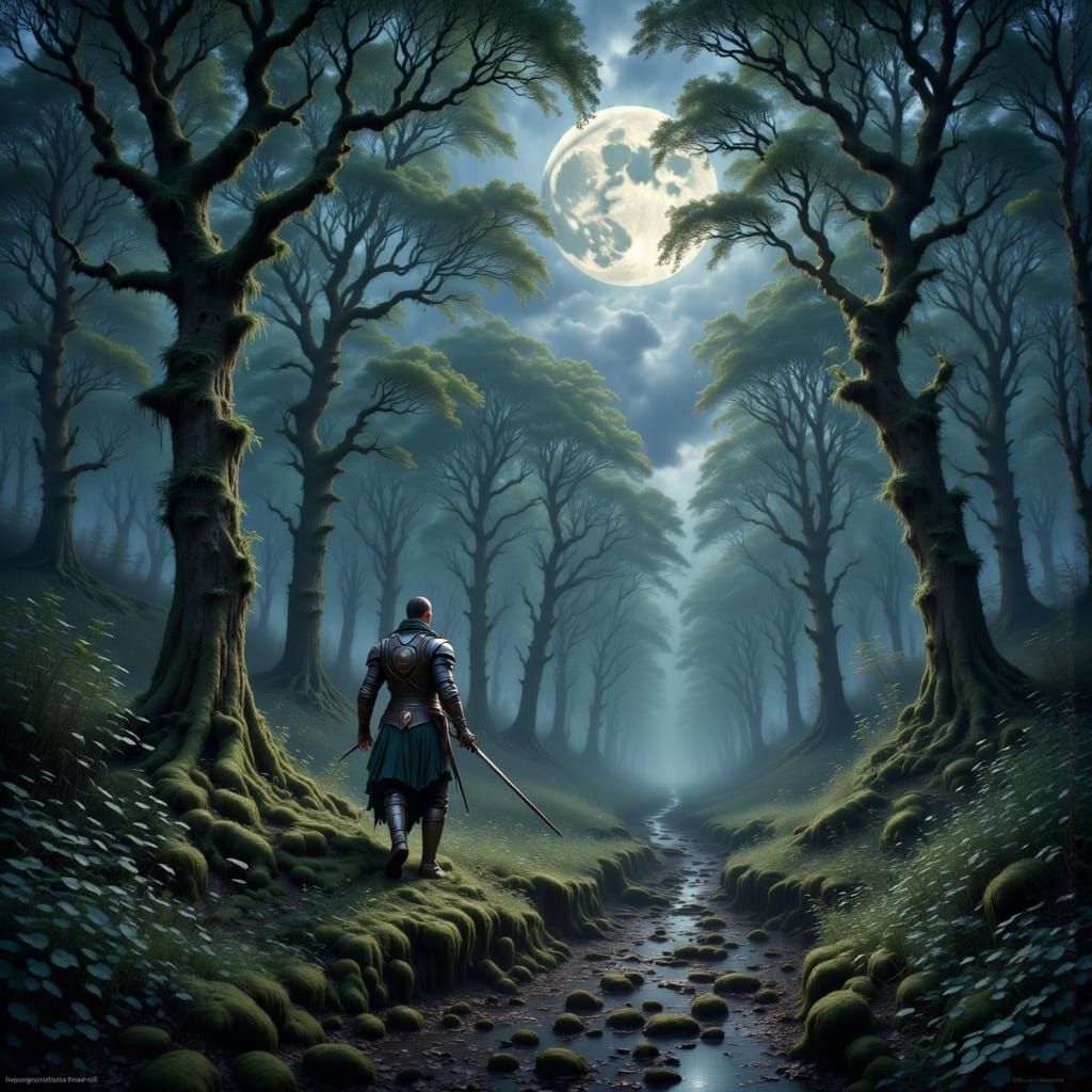 Warrior Prince in Surreal Forest, Futuristic Style