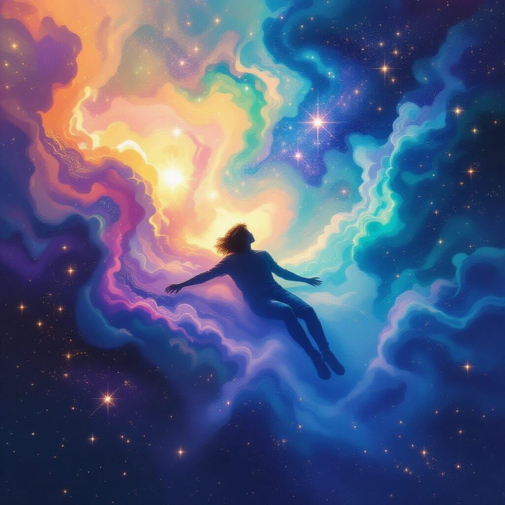 Cosmic Journey: Person Floating Through Vibrant Nebula