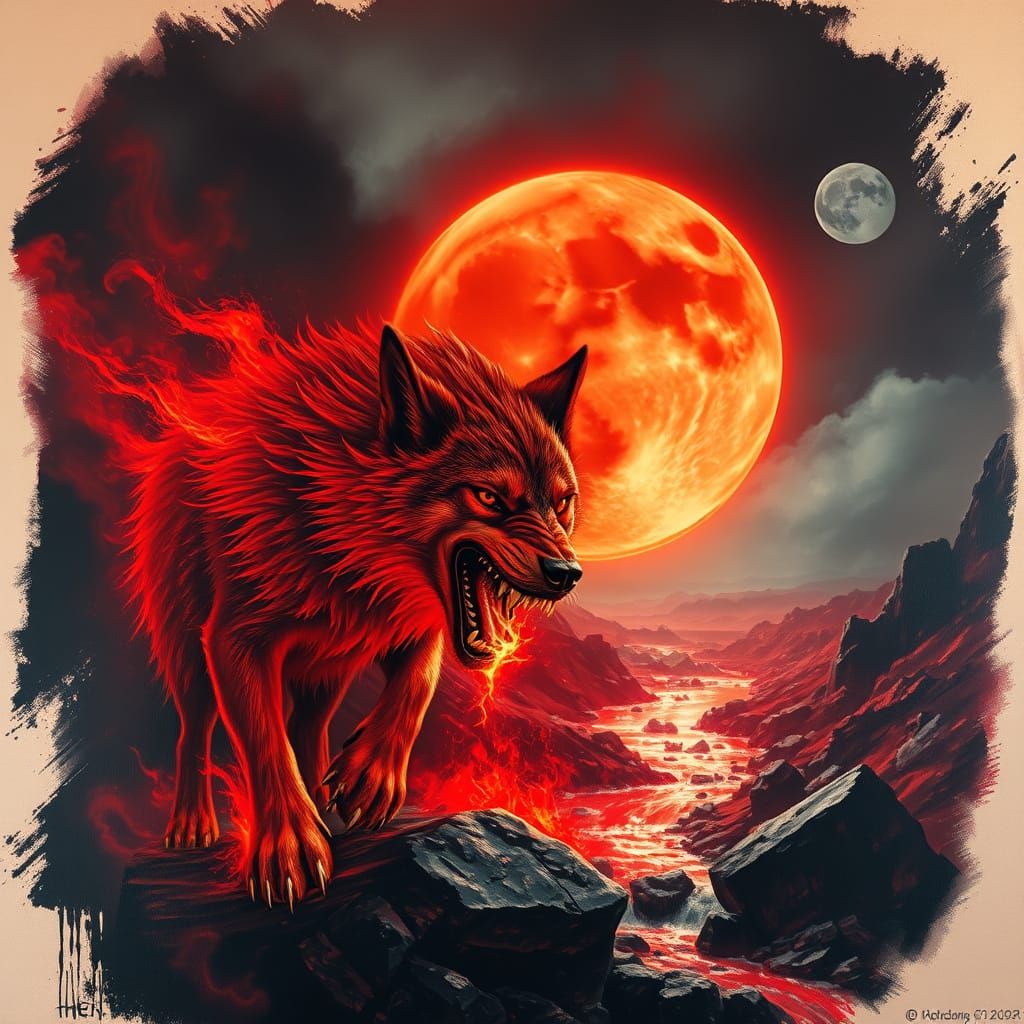 Ferocious Burning Wolf in Fire-Red Fur