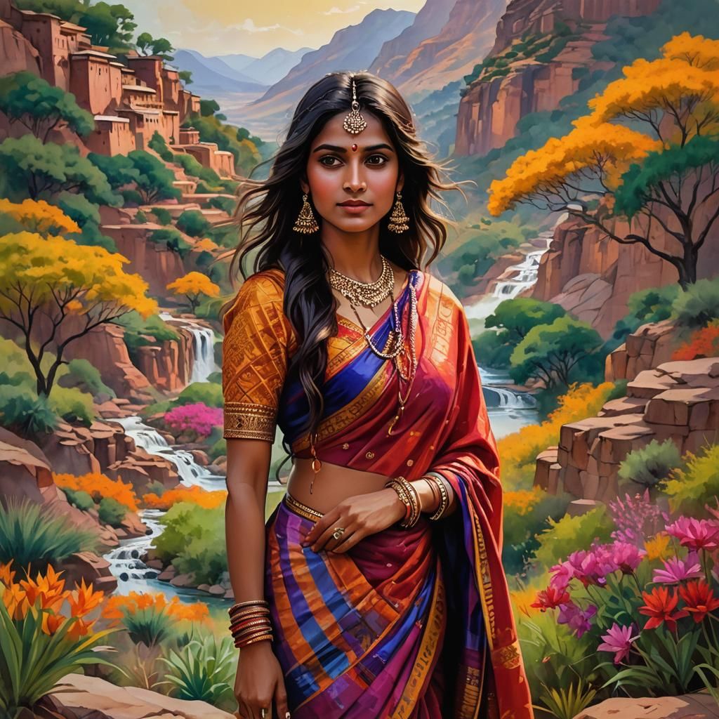 Radiant Indian Woman in Vibrant Landscape, Detailed Matte Pa...