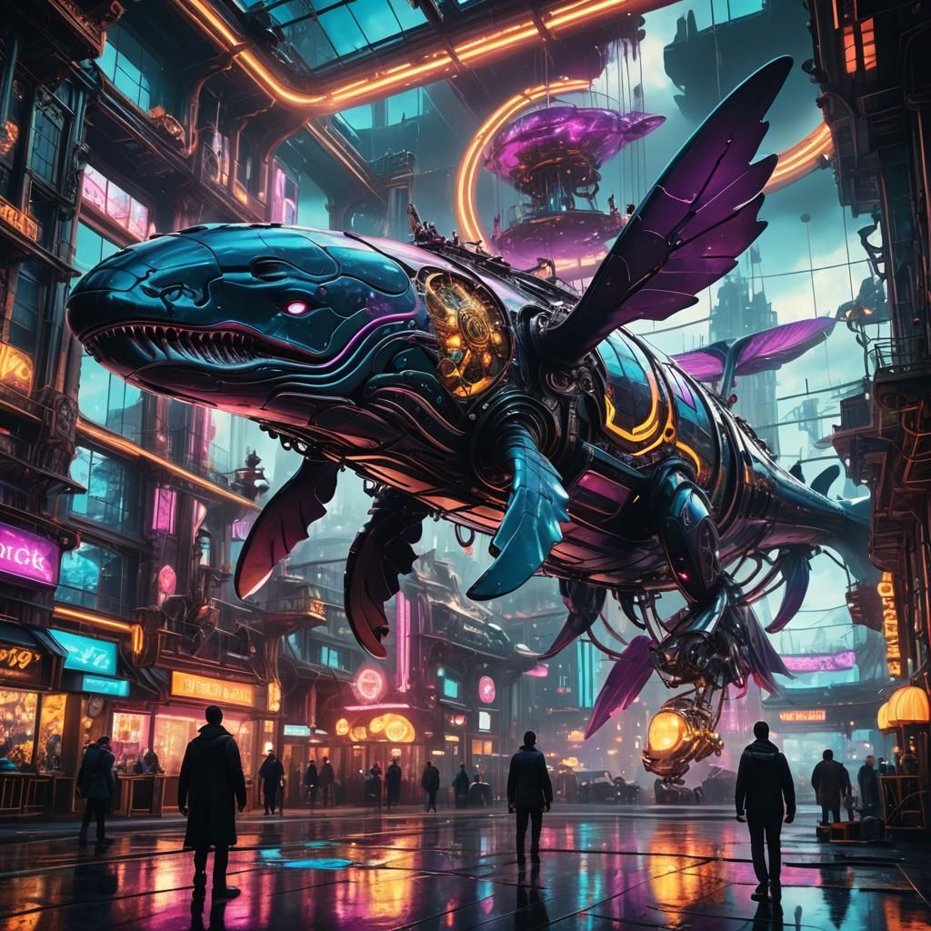 Surreal Whales in Gothic Cityscape: Psychedelic Baroque Art