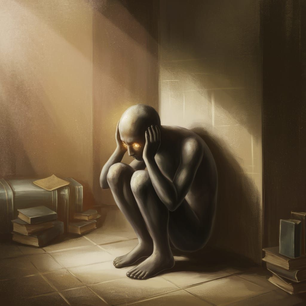 Melancholic Shadow Figure in Dimly Lit Room