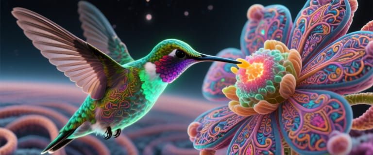 Bioluminescent Hummingbird Sips Nectar: Surreal Folk Art