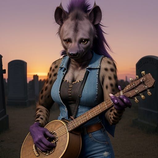 Anthropomorphic Hyena Plays Banjo at Sunset