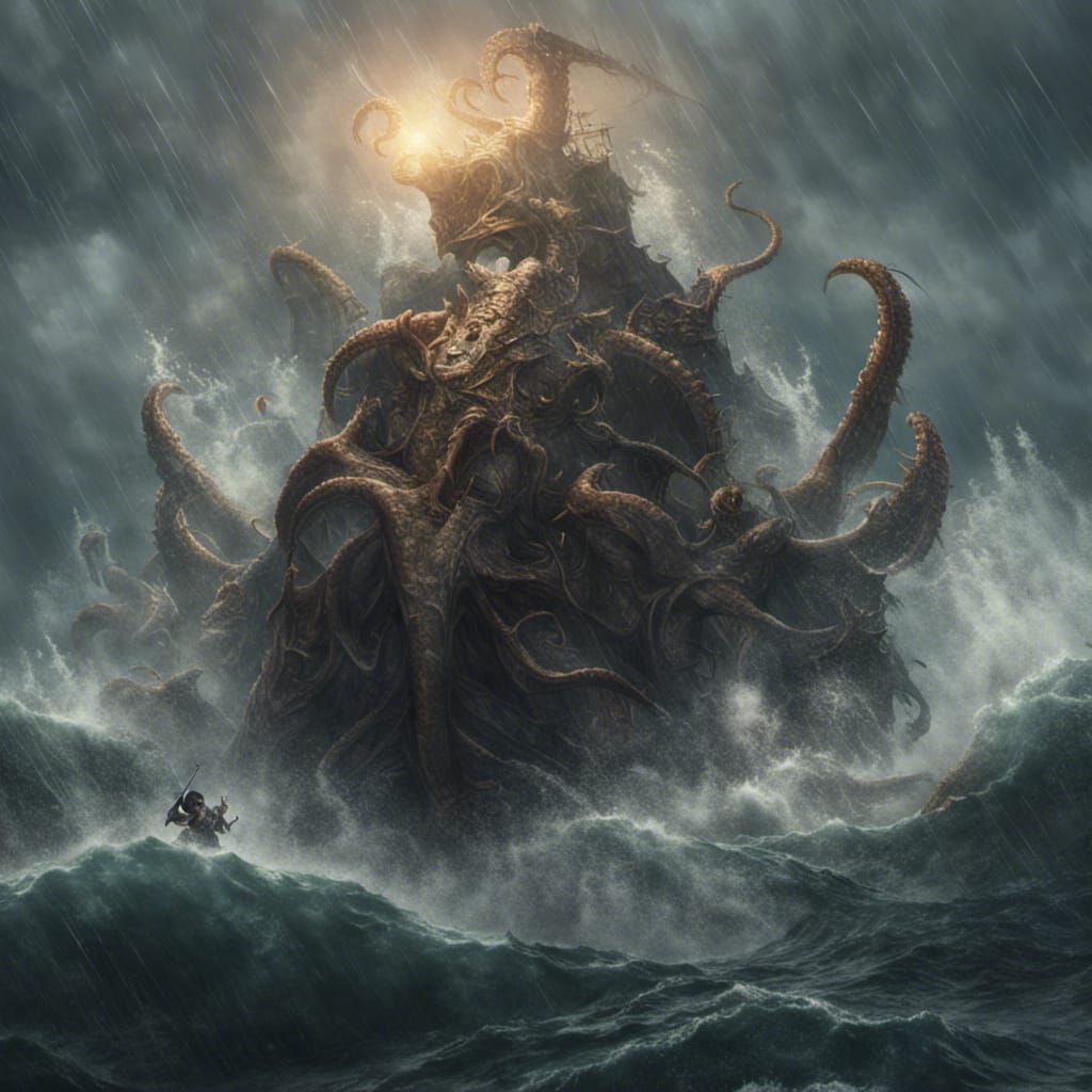 Epic Kraken Battle: Knights and Wizards in Dark Fantasy