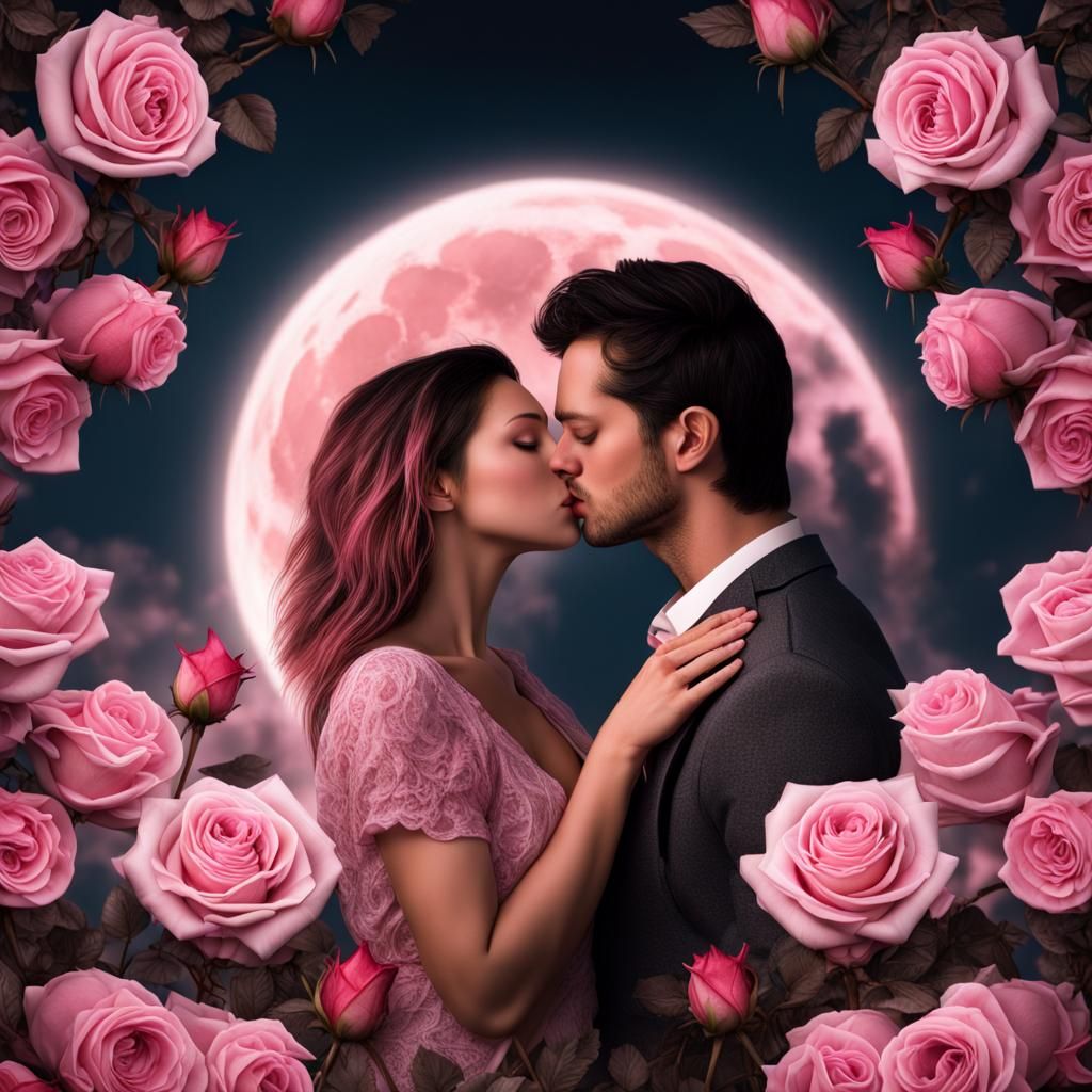 Romantic Kiss Under Pink Moon in Hyperrealism